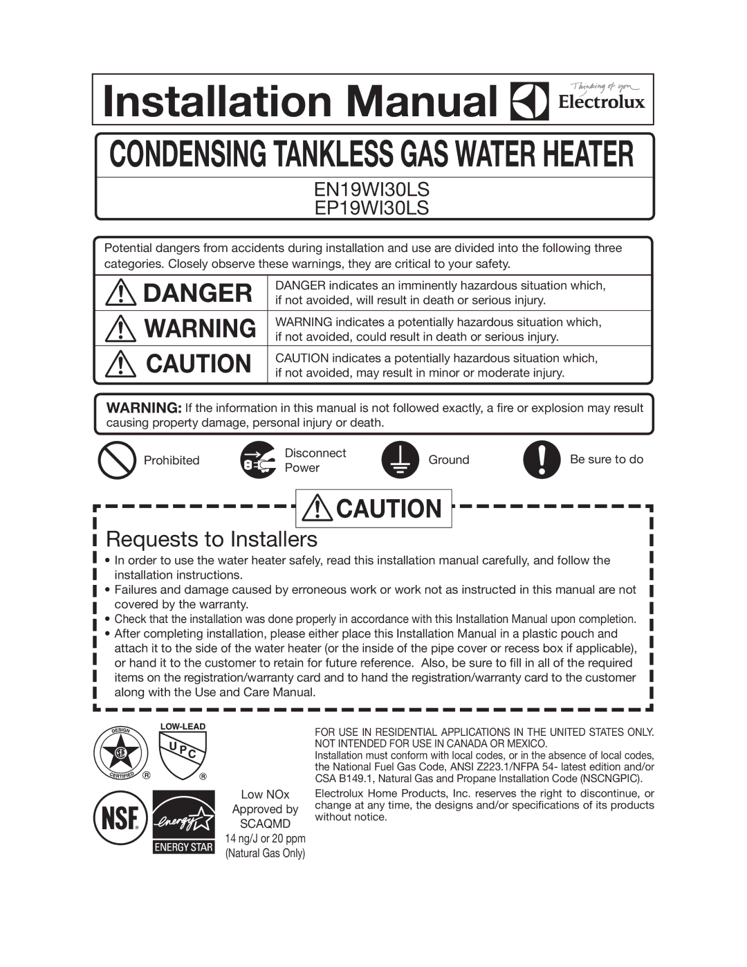 Electrolux 5995615357 installation manual Installation Manual, Natural Gas Only 