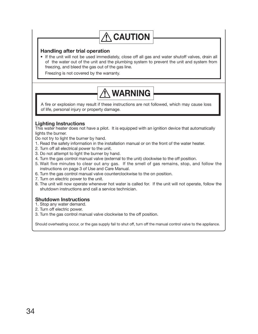 Electrolux 5995615357 installation manual Handling after trial operation, Lighting Instructions, Shutdown Instructions 