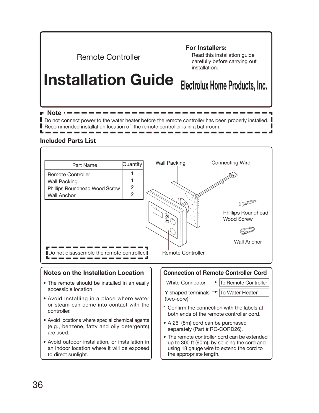 Electrolux 5995615357 installation manual For Installers, Included Parts List, Connection of Remote Controller Cord 