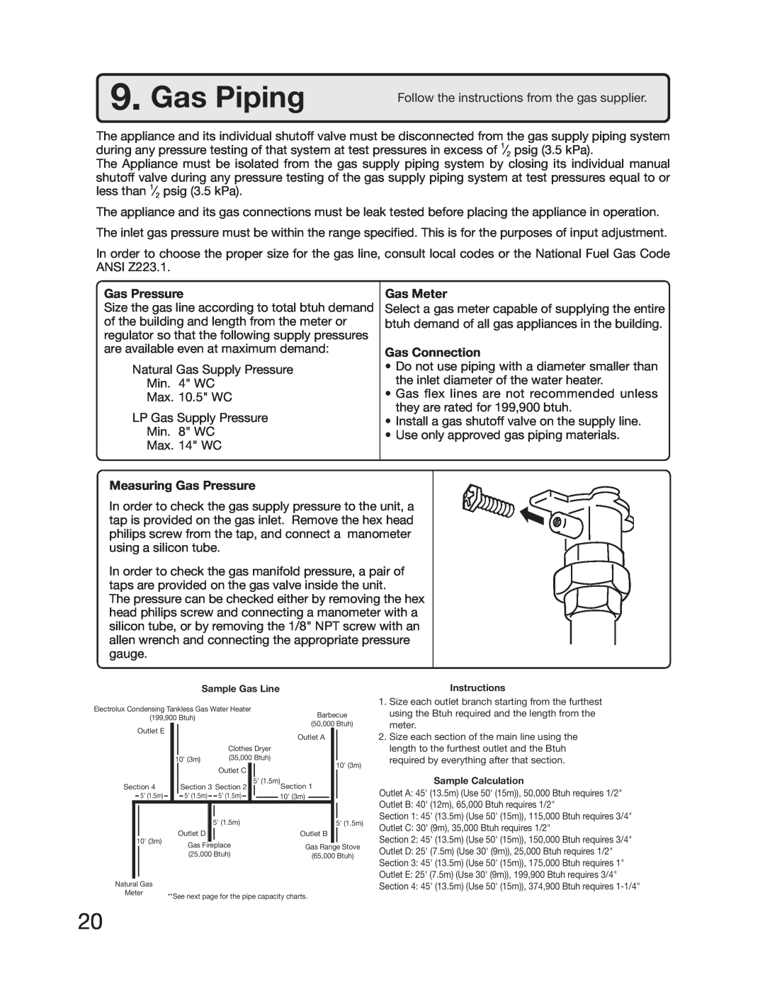 Electrolux 5995615357 installation manual Gas Piping, Measuring Gas Pressure, Gas Meter, Gas Connection 