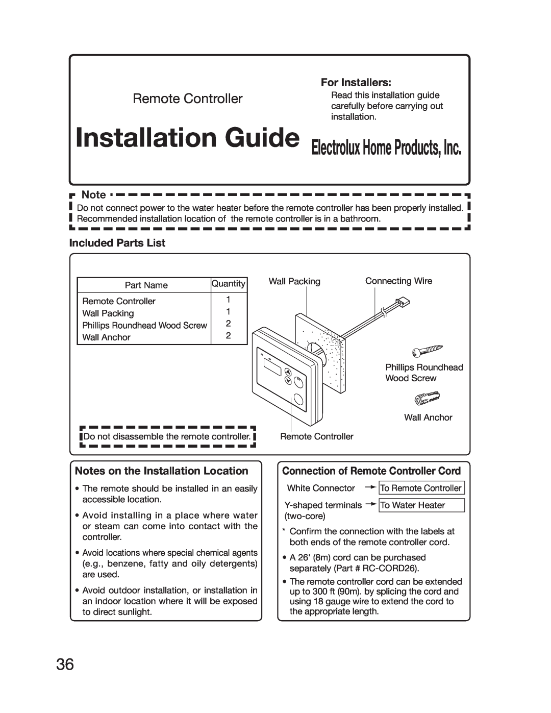 Electrolux 5995615357 3FNPUF$POUSPMMFS, For Installers, Included Parts List, Notes on the Installation Location 