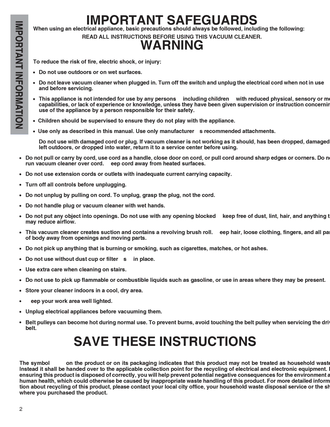 Electrolux 60 - 70 Series manual Important Safeguards, Read ALL Instructions Before Using this Vacuum Cleaner 