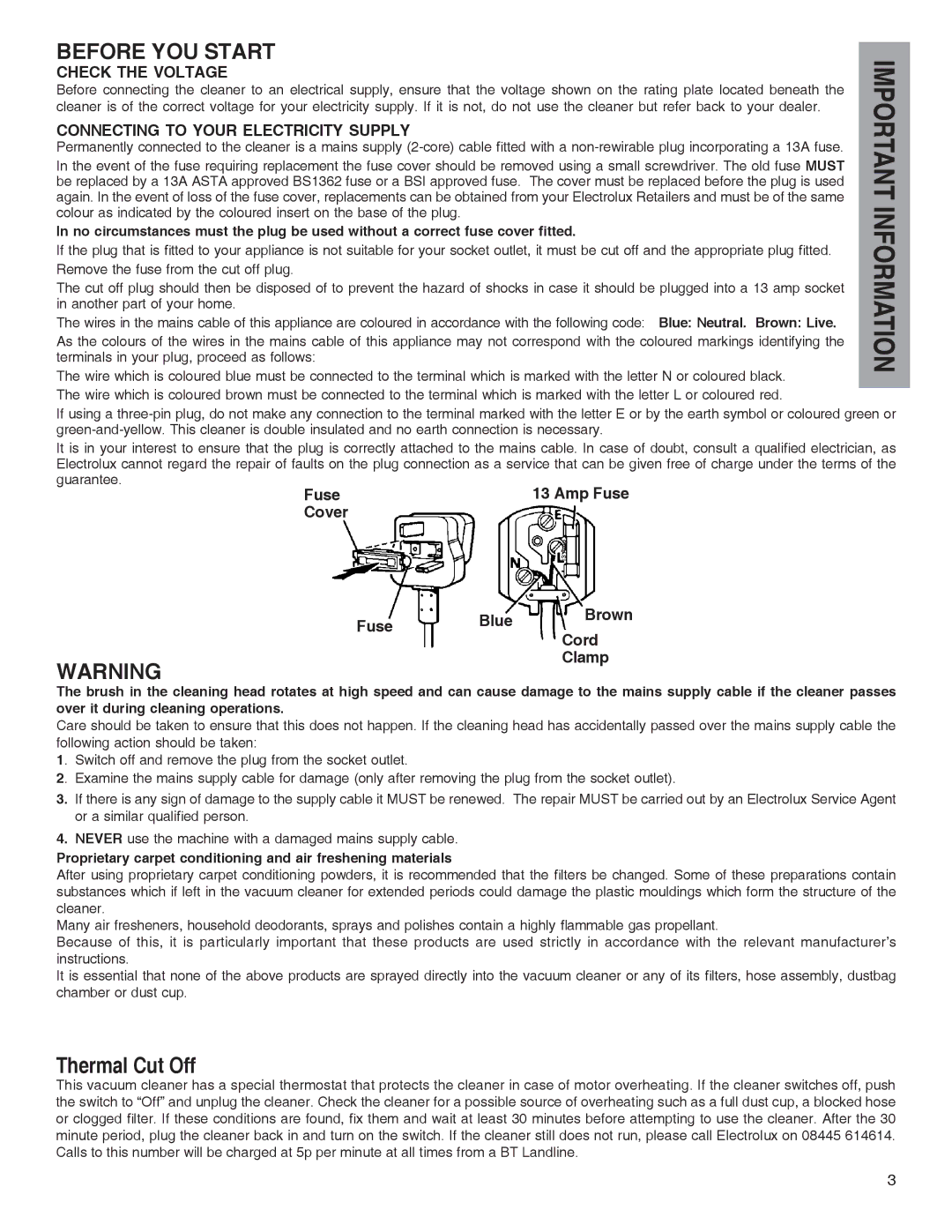 Electrolux 60 - 70 Series manual Thermal Cut Off, Check the Voltage, Connecting to Your Electricity Supply 