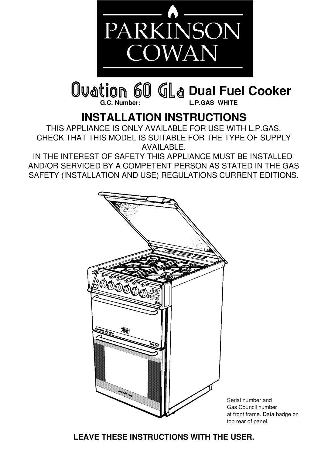 Electrolux 60 GLa manual Dual Fuel Cooker, Leave These Instructions with the User 