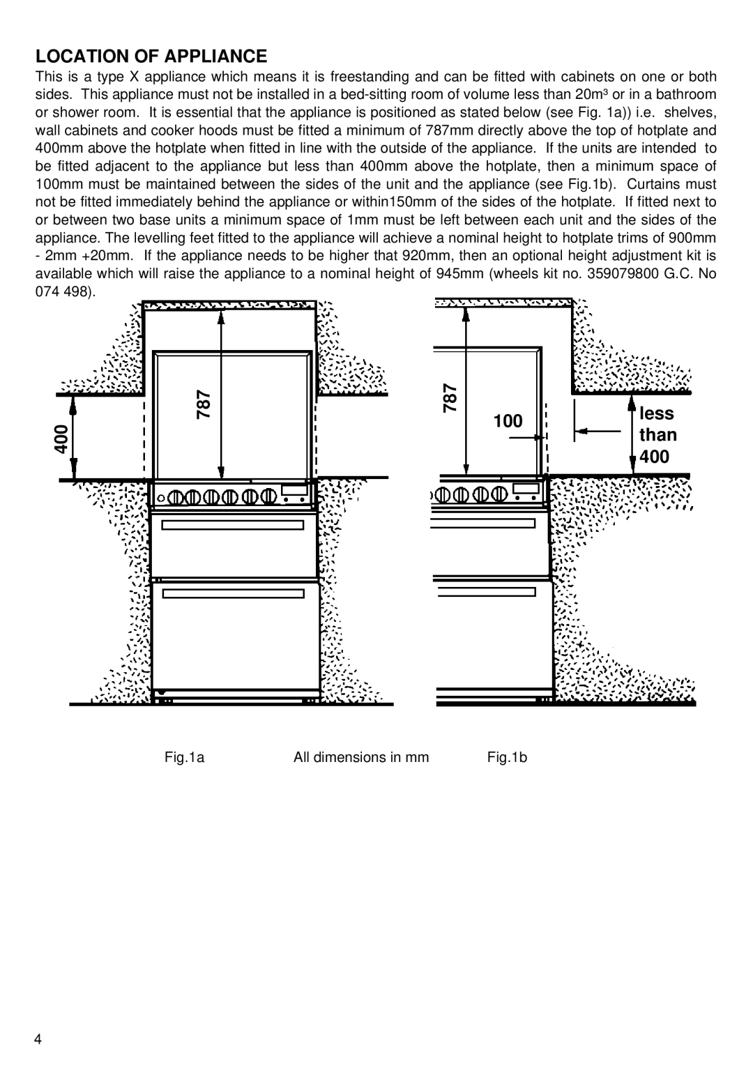 Electrolux 60 GLa manual Location of Appliance 