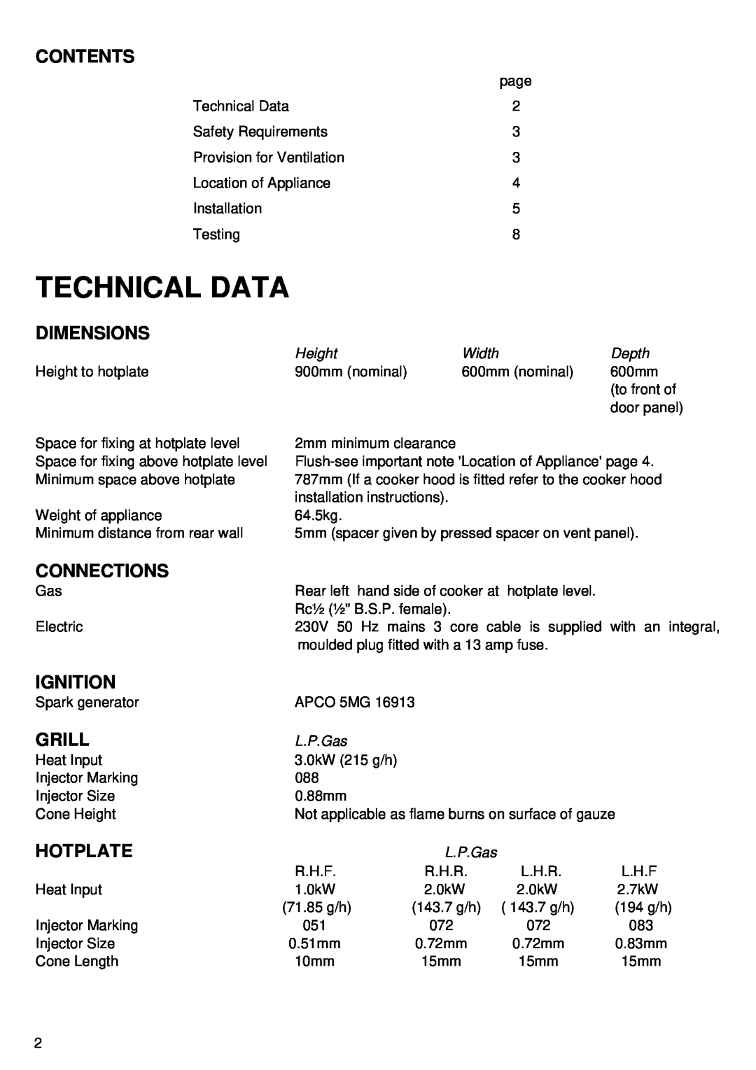 Electrolux 60 GLa manual Technical Data, Contents, Dimensions, Connections, Ignition, Grill, Hotplate 