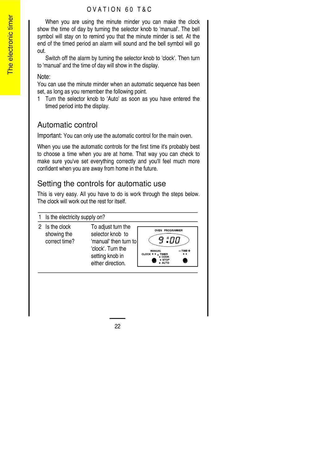 Electrolux 60 TC Automatic control, Setting the controls for automatic use, Showing Selector knob to Correct time? 