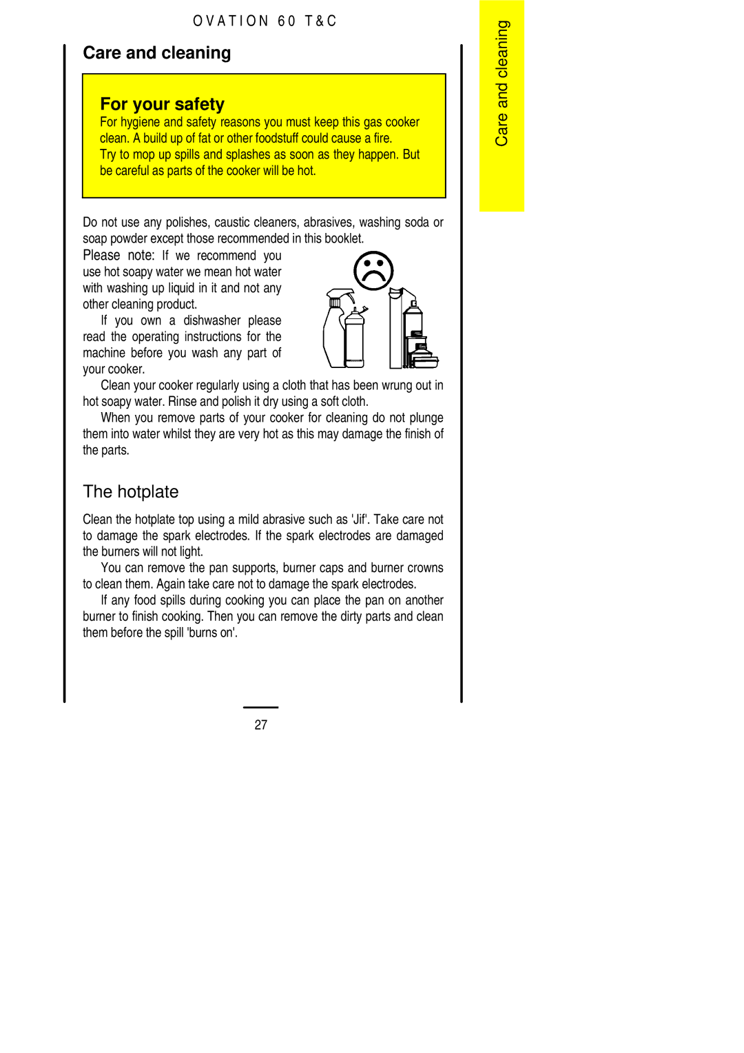 Electrolux 60 TC installation instructions Care and cleaning For your safety, Hotplate 