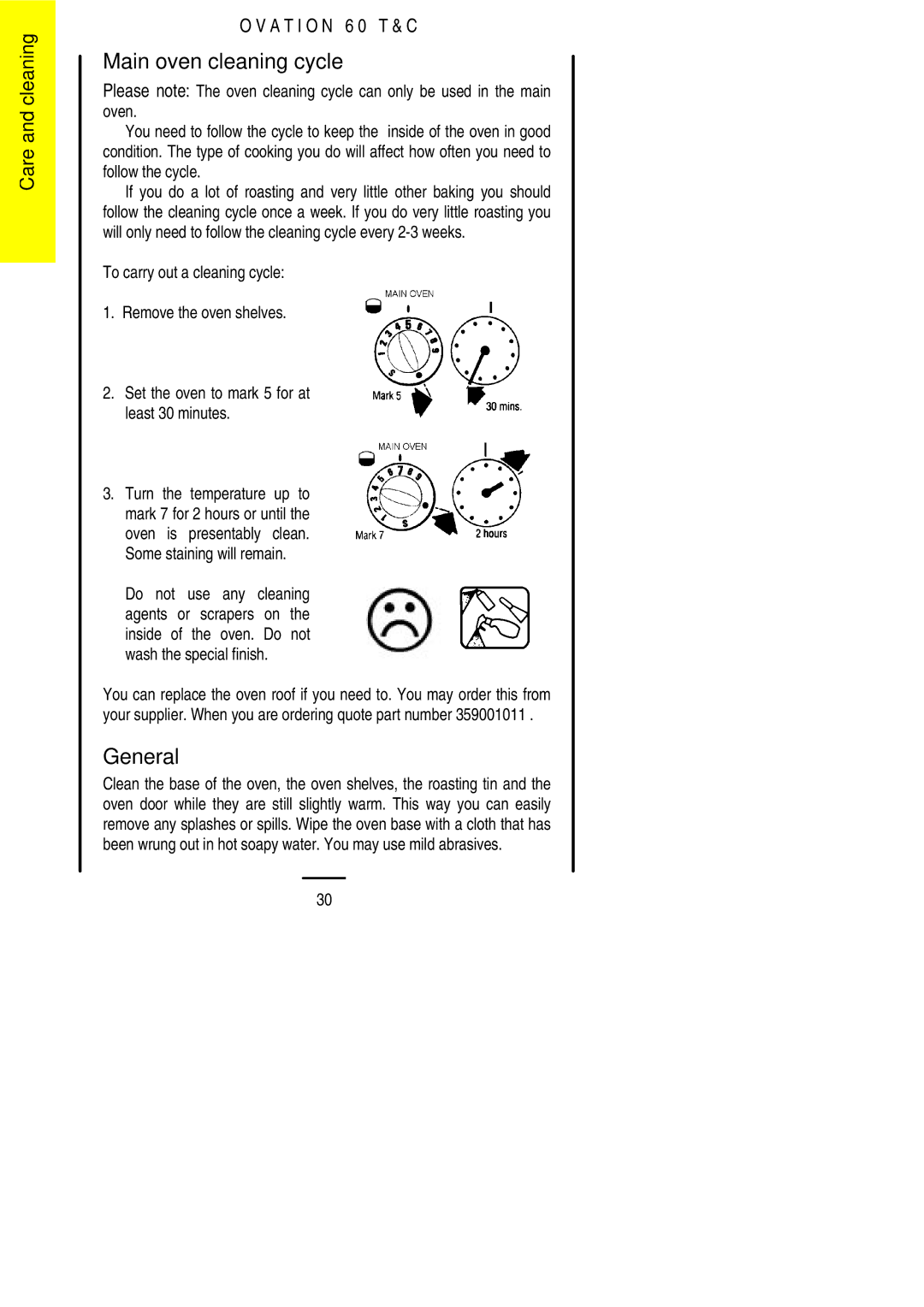 Electrolux 60 TC installation instructions Main oven cleaning cycle, General 