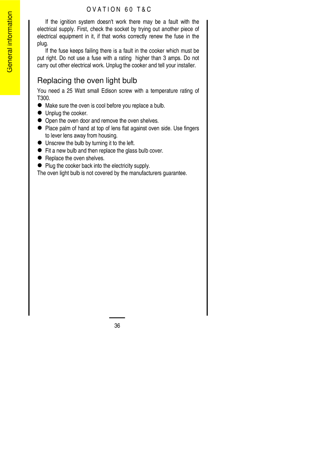 Electrolux 60 TC installation instructions Replacing the oven light bulb 