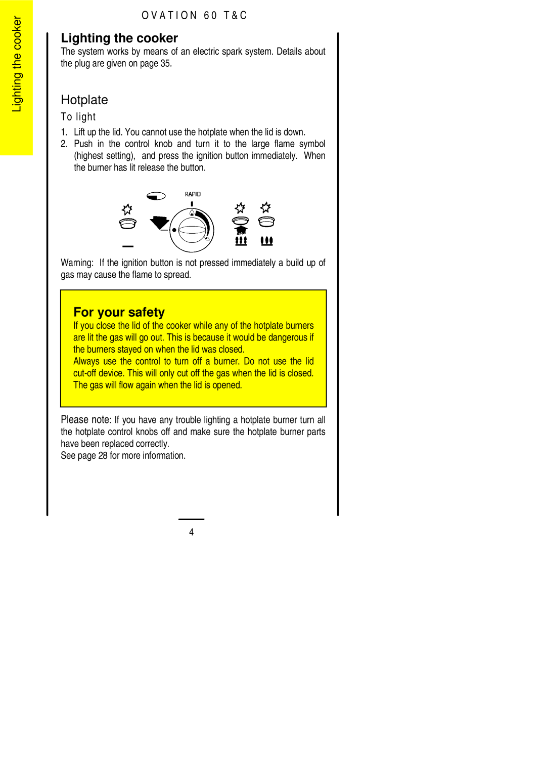 Electrolux 60 TC installation instructions Lighting the cooker, Hotplate 