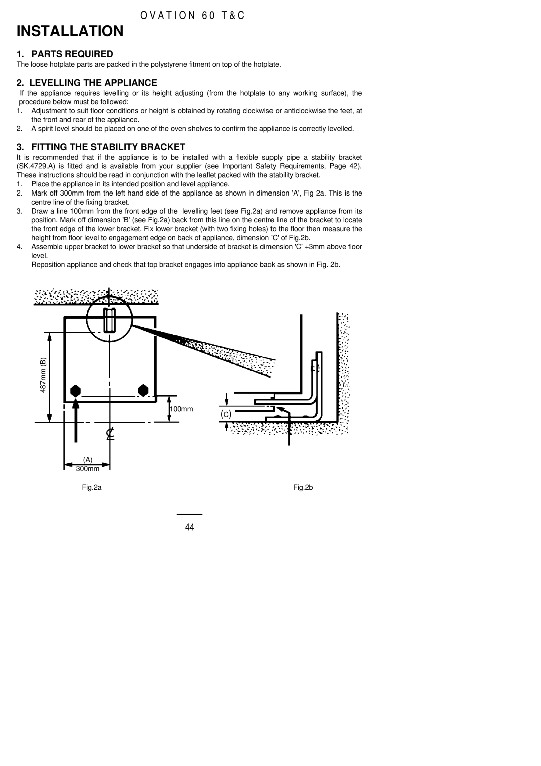 Electrolux 60 TC installation instructions Parts Required, Levelling the Appliance, Fitting the Stability Bracket 