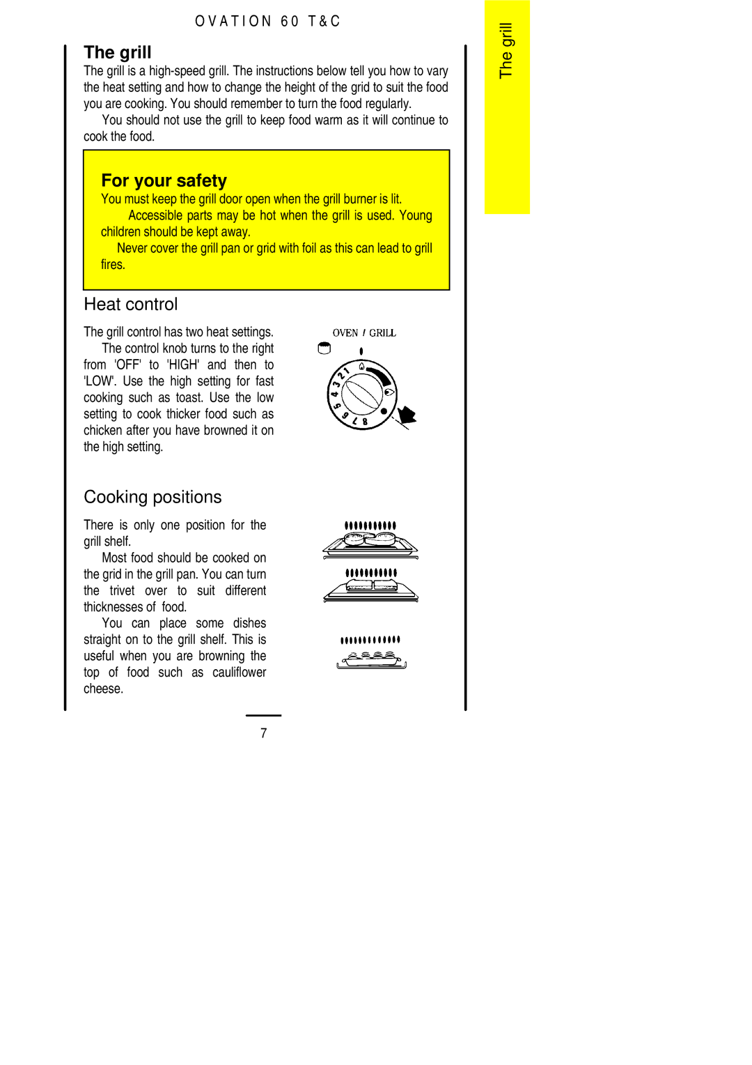 Electrolux 60 TC Grill, Heat control, Cooking positions, High setting, There is only one position for the grill shelf 