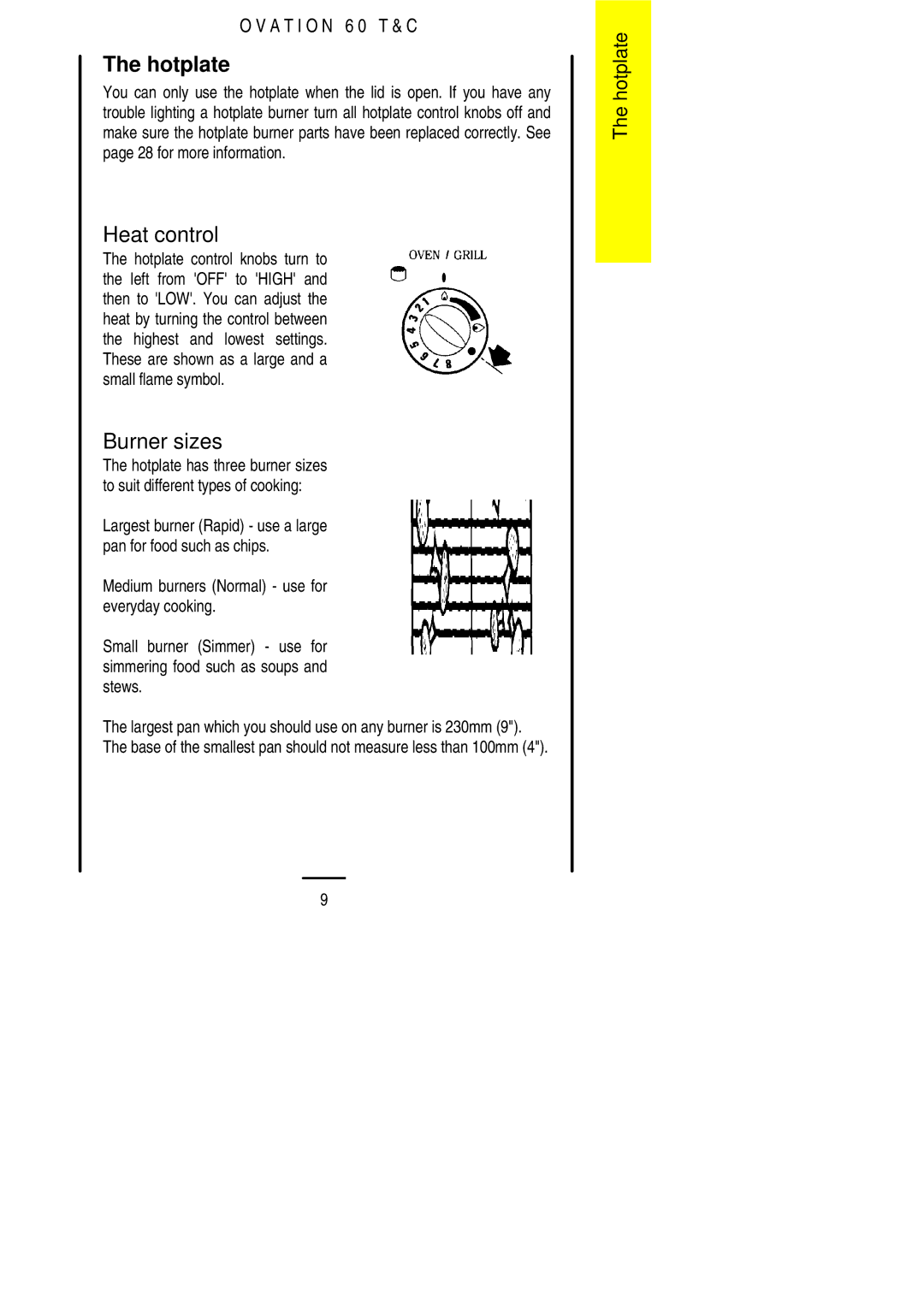 Electrolux 60 TC installation instructions Hotplate, Burner sizes 