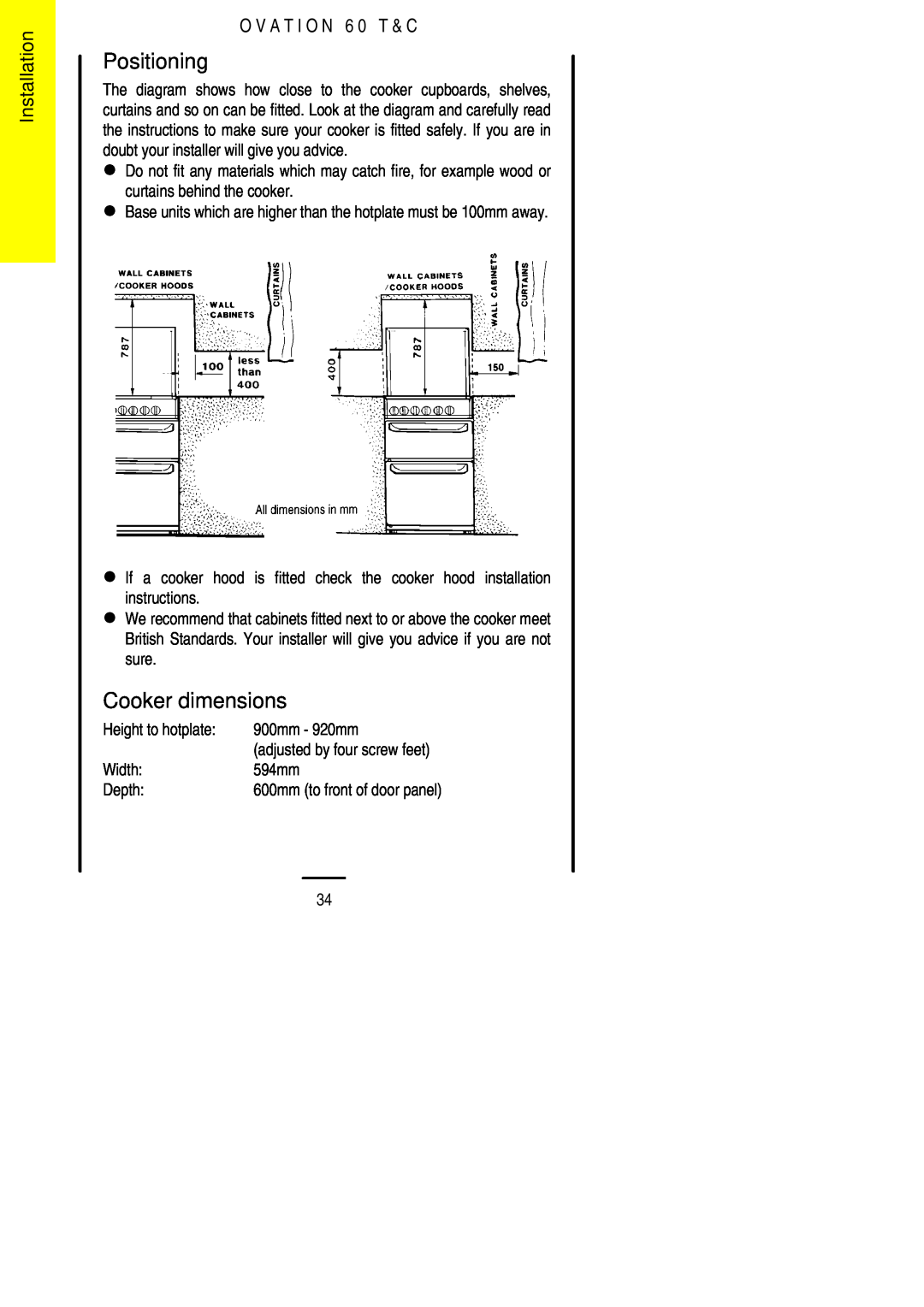 Electrolux 60 TC installation instructions Positioning, Cooker dimensions, Installation, O V A T I O N 6 0 T & C 