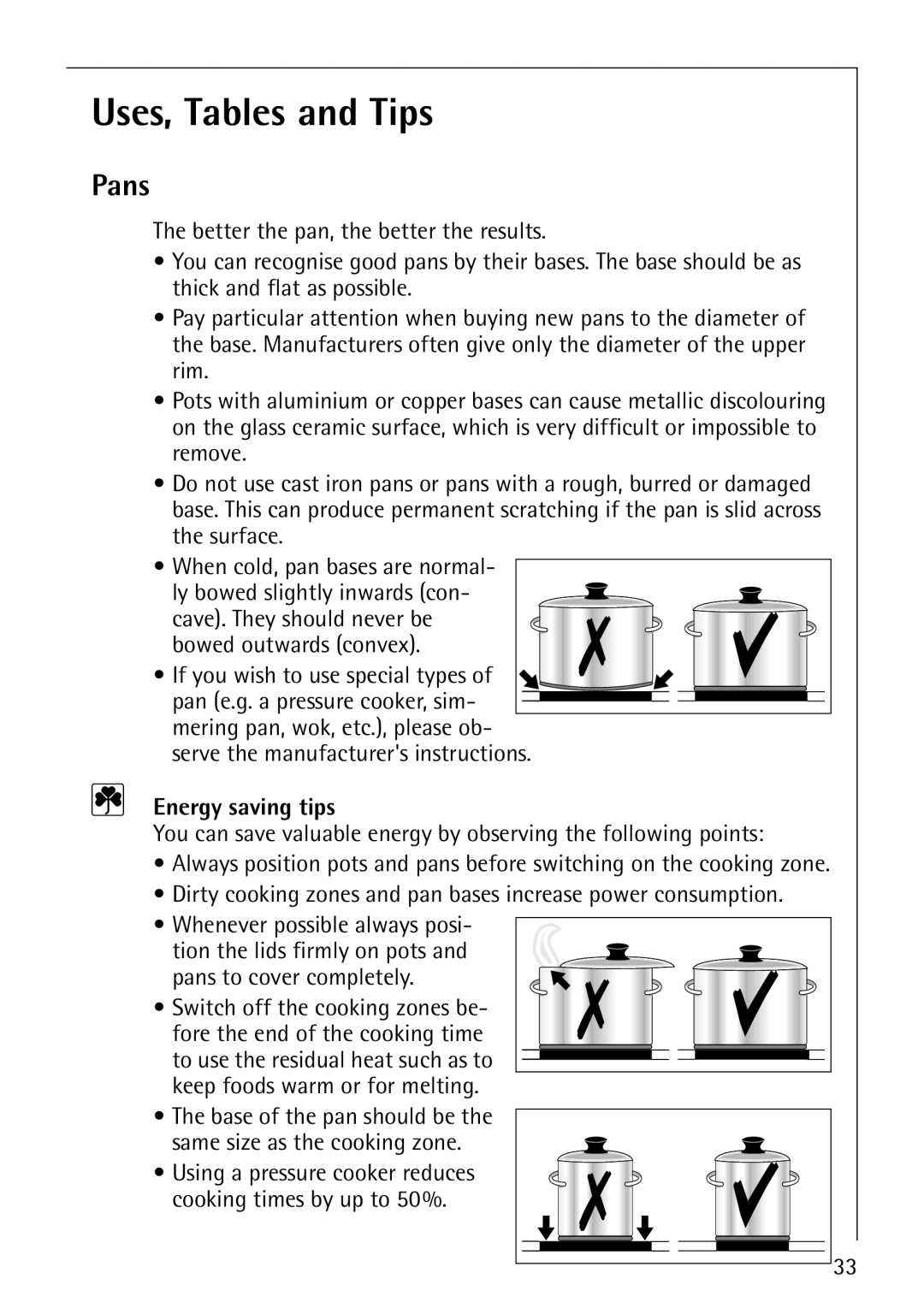 Electrolux 6000K manual Uses, Tables and Tips, Pans, Energy saving tips 