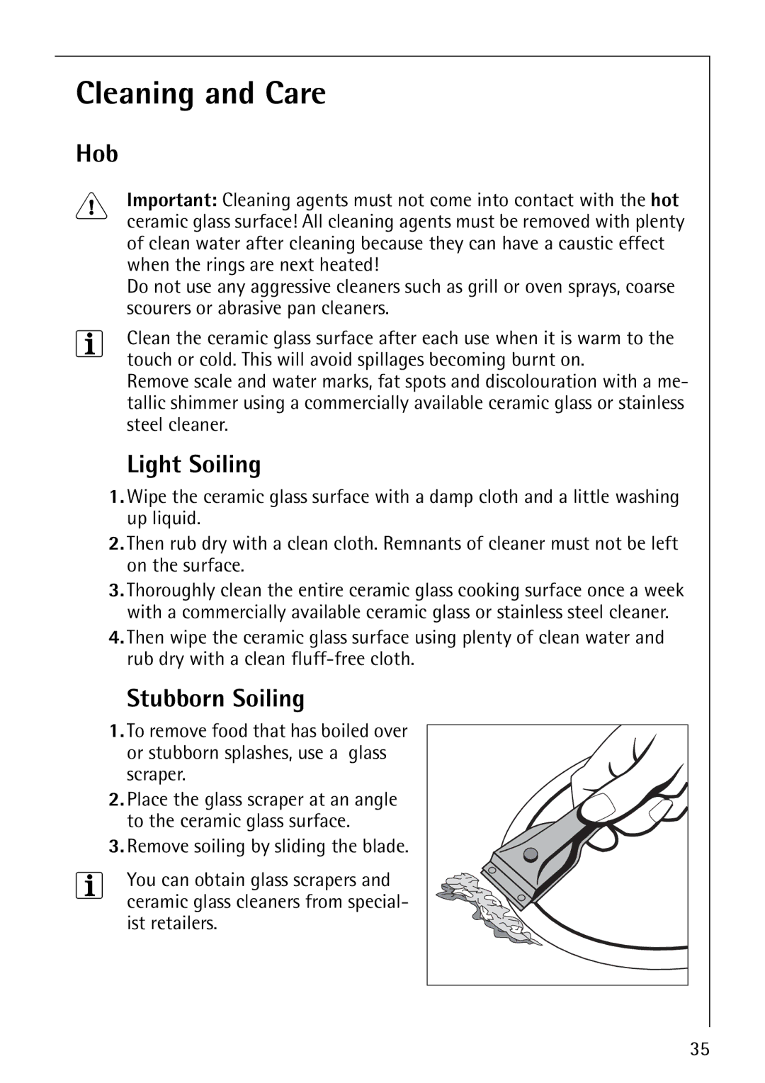Electrolux 6000K manual Cleaning and Care, Hob, Light Soiling, Stubborn Soiling 