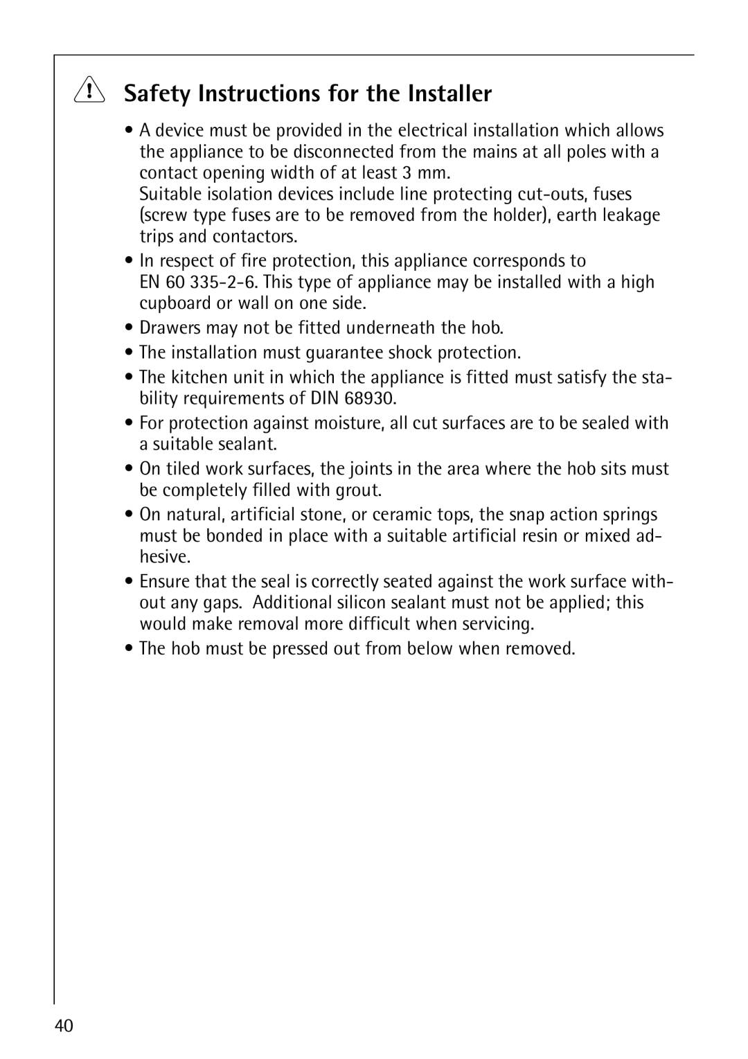 Electrolux 6000K manual Safety Instructions for the Installer 