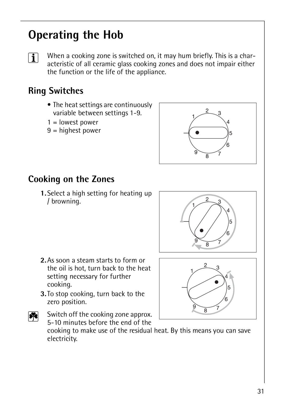 Electrolux 6000K manual Operating the Hob, Ring Switches, Cooking on the Zones 