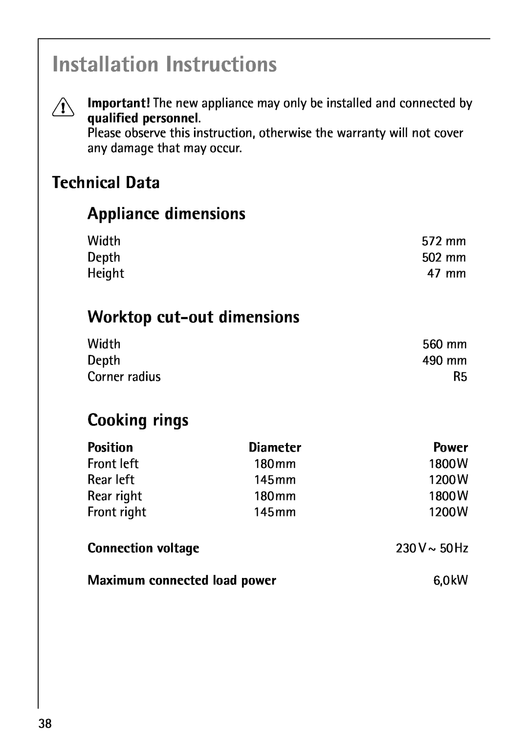 Electrolux 6000K Installation Instructions, Technical Data Appliance dimensions, Worktop cut-out dimensions, Cooking rings 