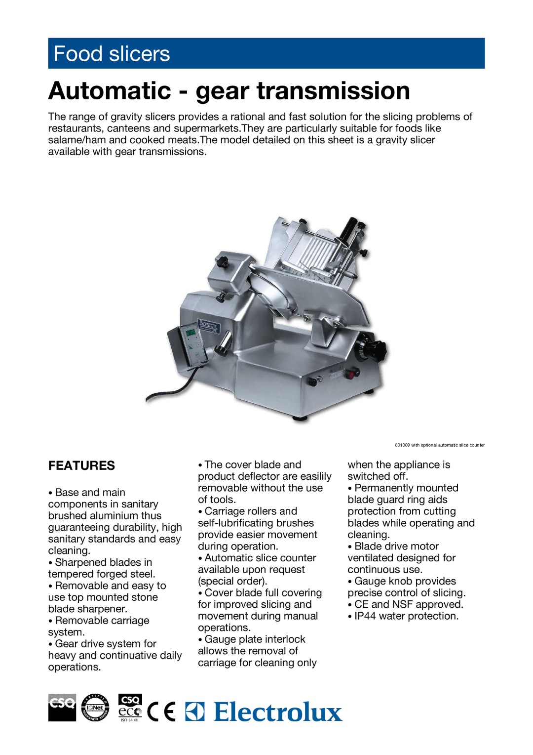 Electrolux 601009 manual Automatic gear transmission, Features 