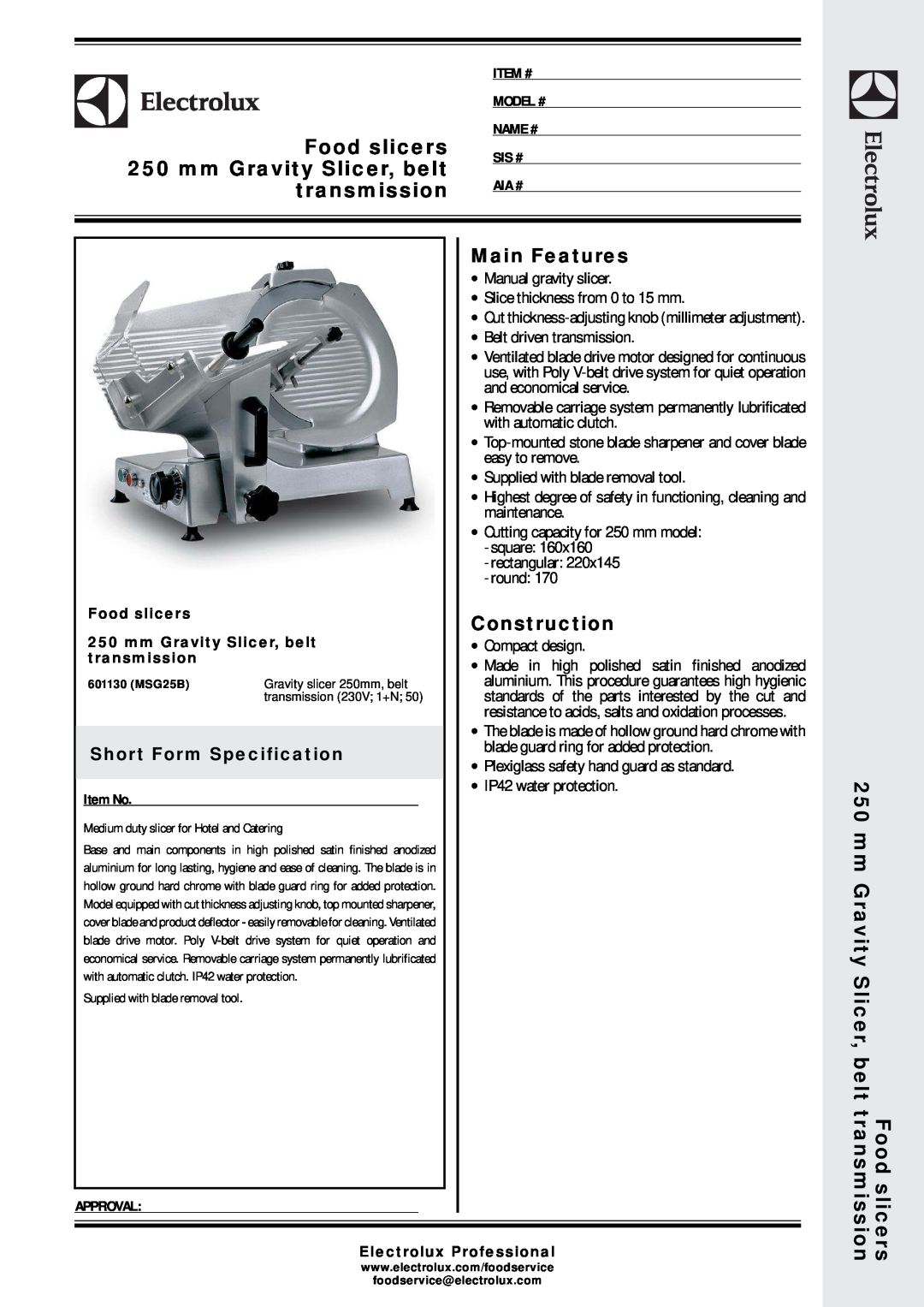 Electrolux 601130 (MSG25B) manual Food slicers, mm Gravity Slicer, belt, transmission, Electrolux Professional 