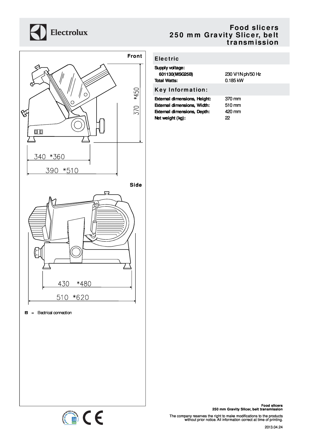 Electrolux 601130 (MSG25B) Front, Side, Food slicers 250 mm Gravity Slicer, belt transmission, Electric, Key Information 