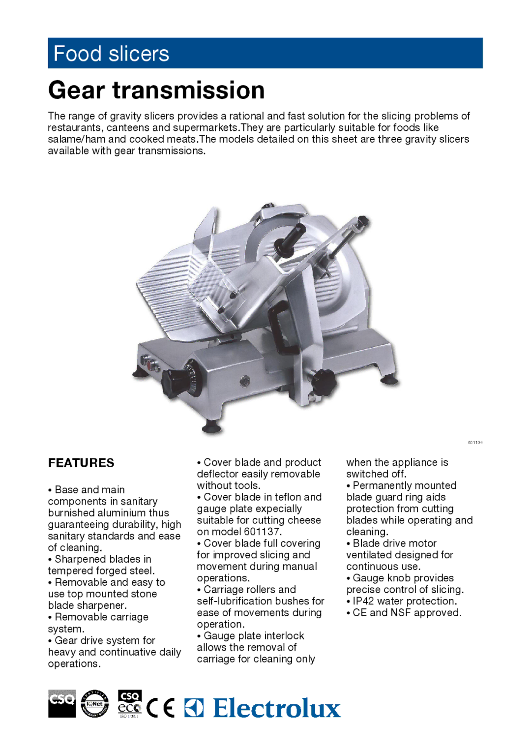 Electrolux 601134, 601137 manual Gear transmission, Features 