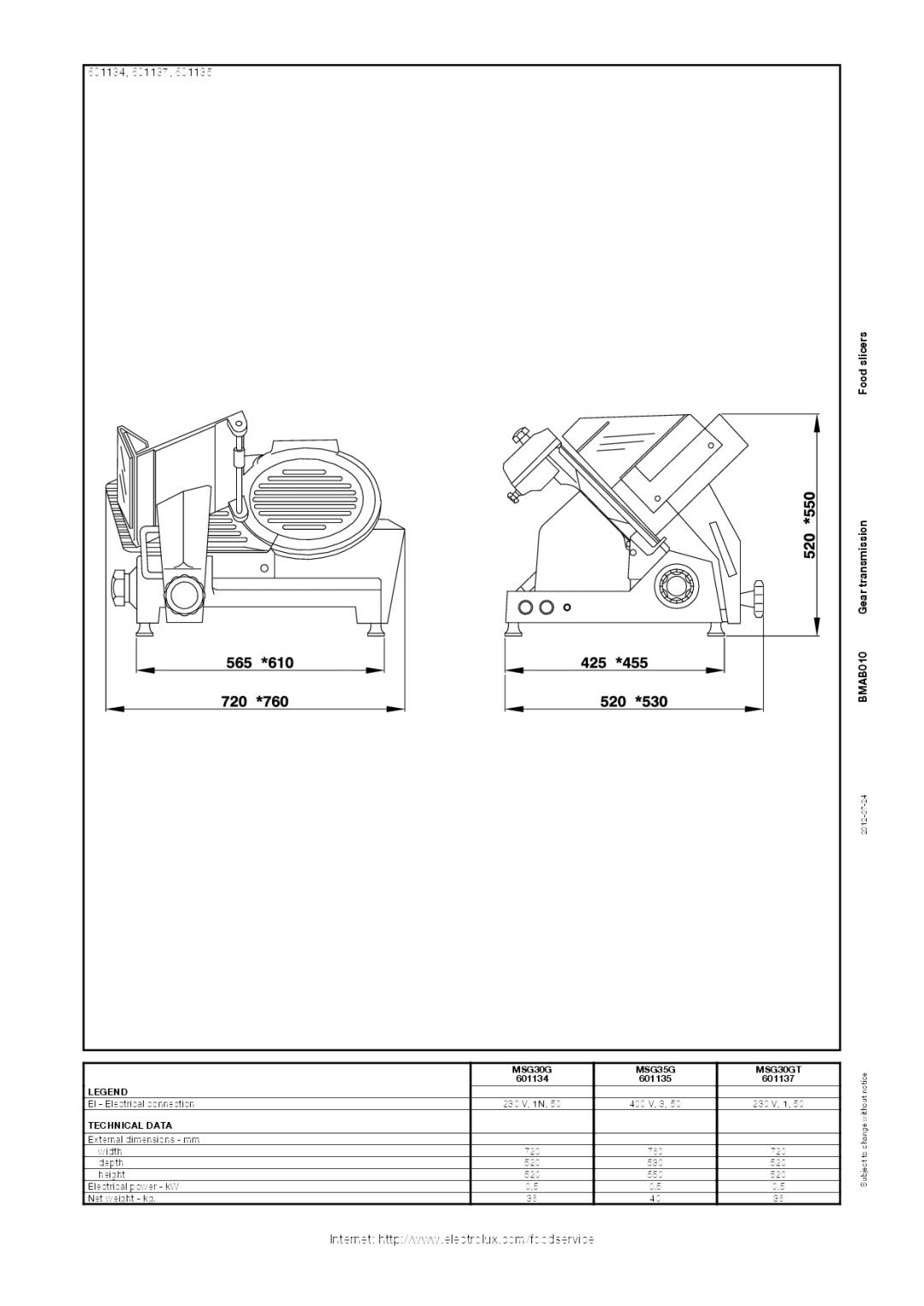 Electrolux manual 601134, 601137, Food slicers BMAB010 Gear transmission, MSG30G MSG35G MSG30GT, Technical Data 