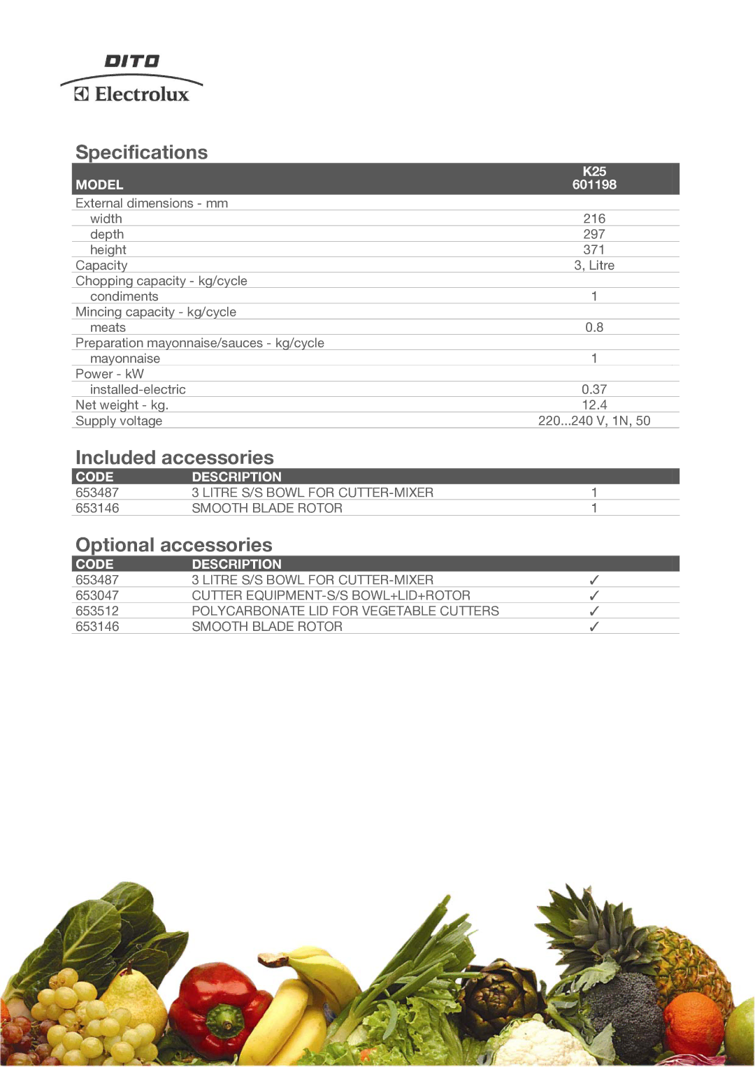 Electrolux 601198 manual Specifications, Included accessories, Optional accessories 