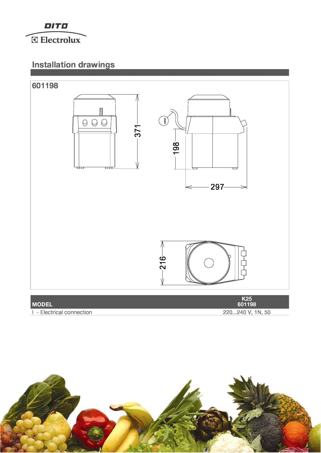 Electrolux 601198 manual Installation drawings, I 371 297, Model, I - Electrical connection, 220...240 V, 1N 