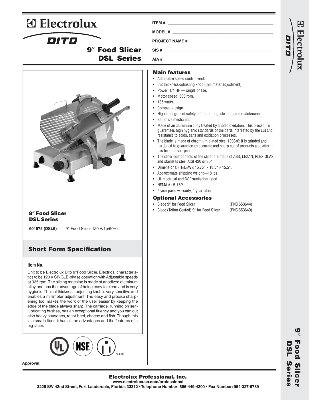 Electrolux DSL9, 601575 dimensions ″ Food Slicer DSL Series, Short Form Specification 