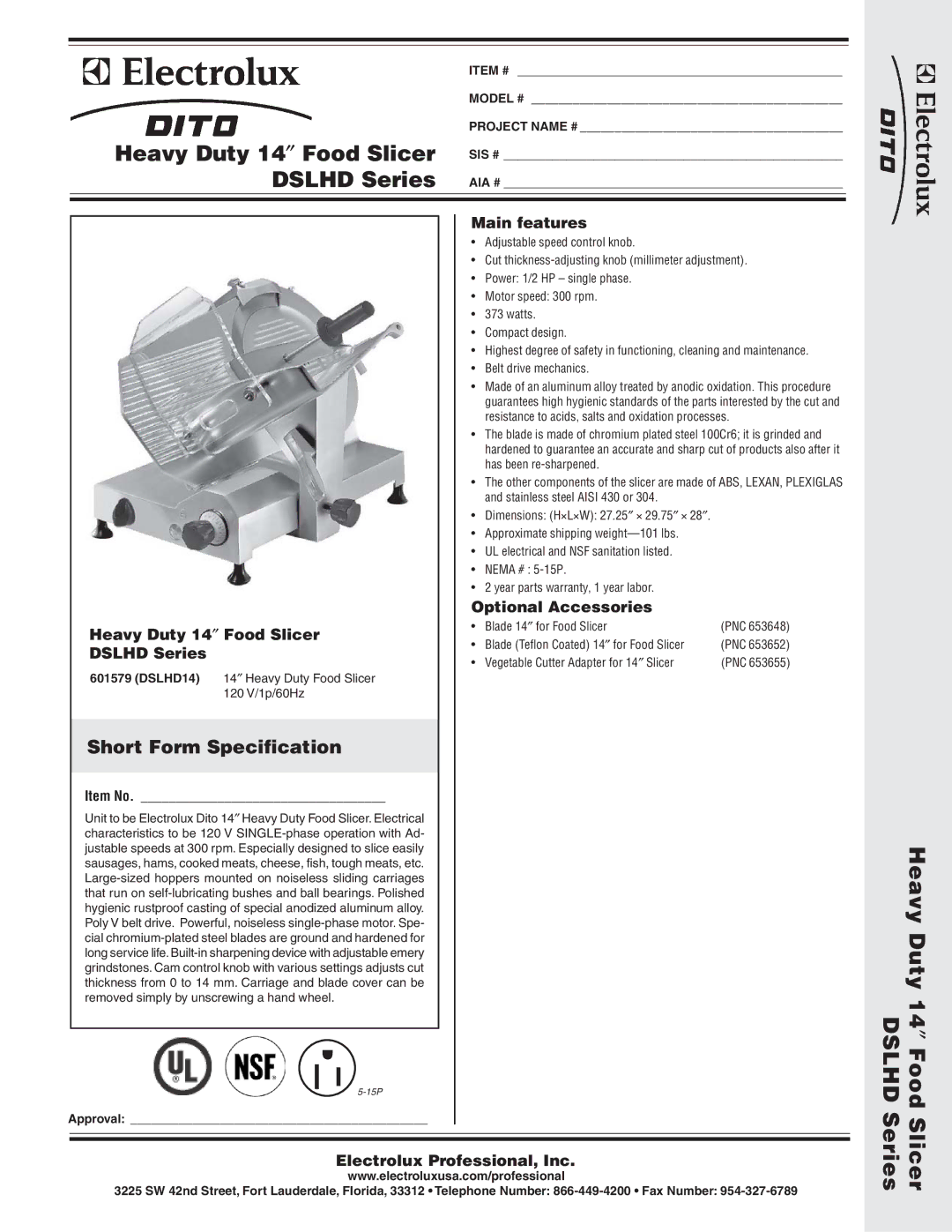 Electrolux DSLHD, 601579 dimensions Heavy Duty 14″ Food Slicer, Dslhd Series, Heavy Duty 14″Food Dslhd, Series Slicer 