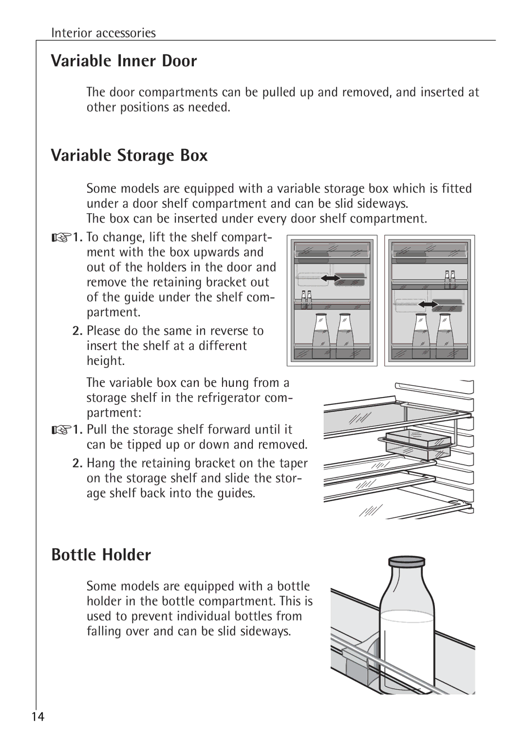 Electrolux 60160 TK manual Variable Inner Door, Variable Storage Box, Bottle Holder 