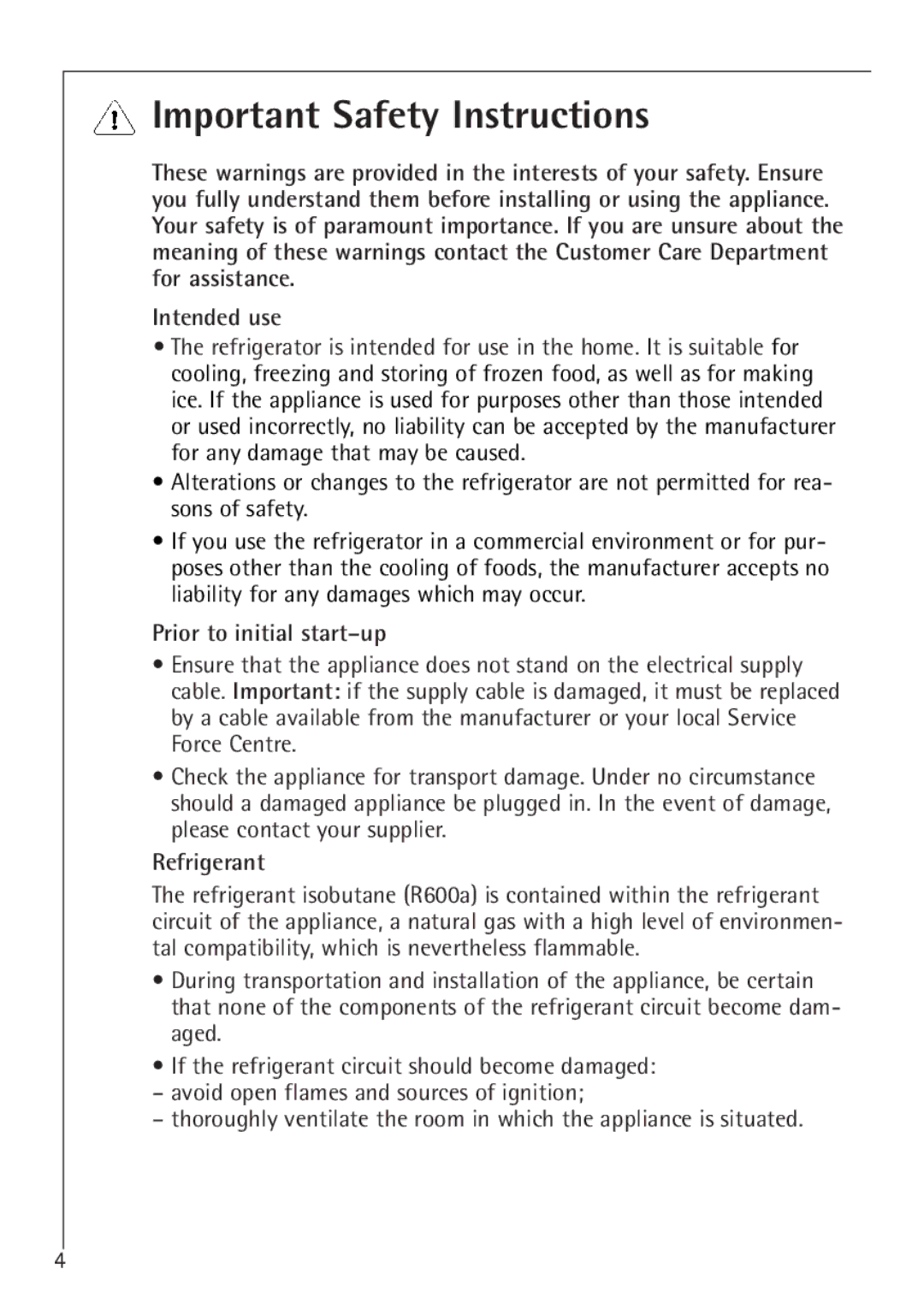 Electrolux 60160 TK manual Important Safety Instructions, Prior to initial start-up, Refrigerant 