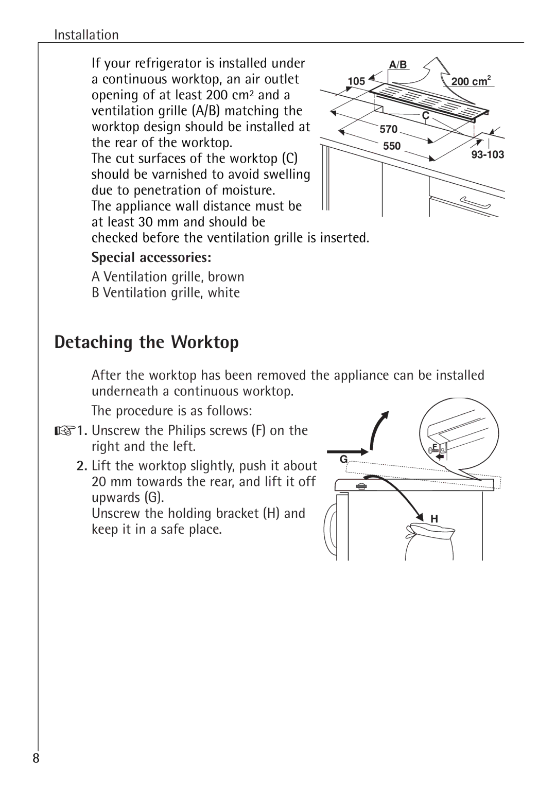 Electrolux 60160 TK manual Detaching the Worktop, Special accessories 