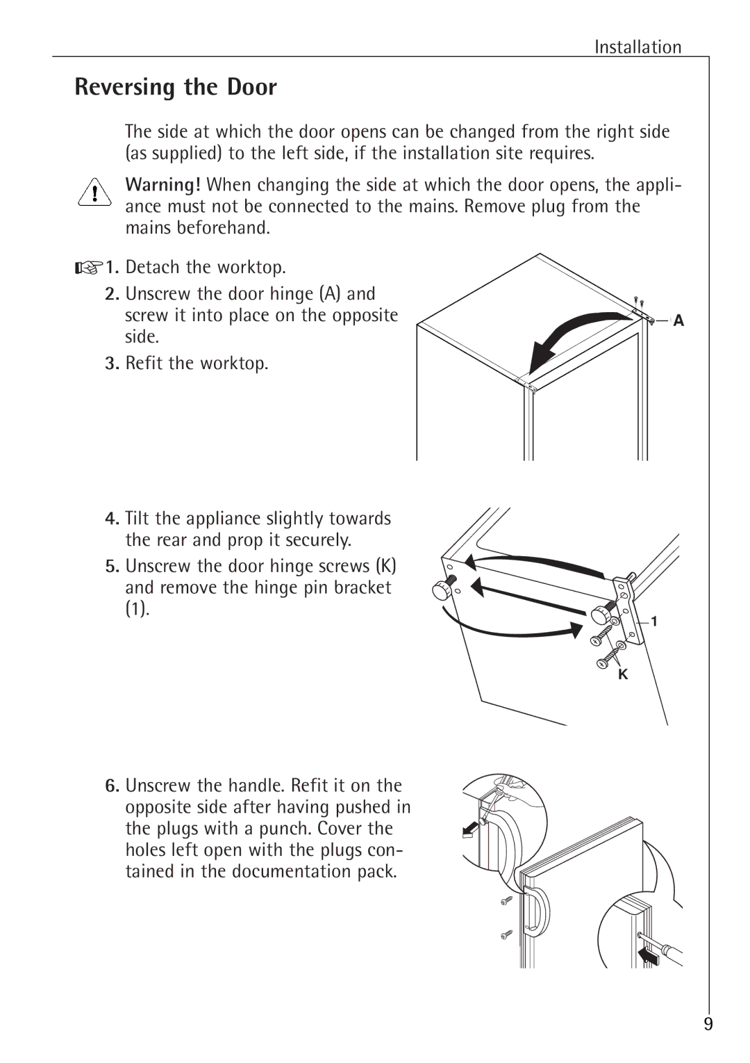 Electrolux 60160 TK manual Reversing the Door 