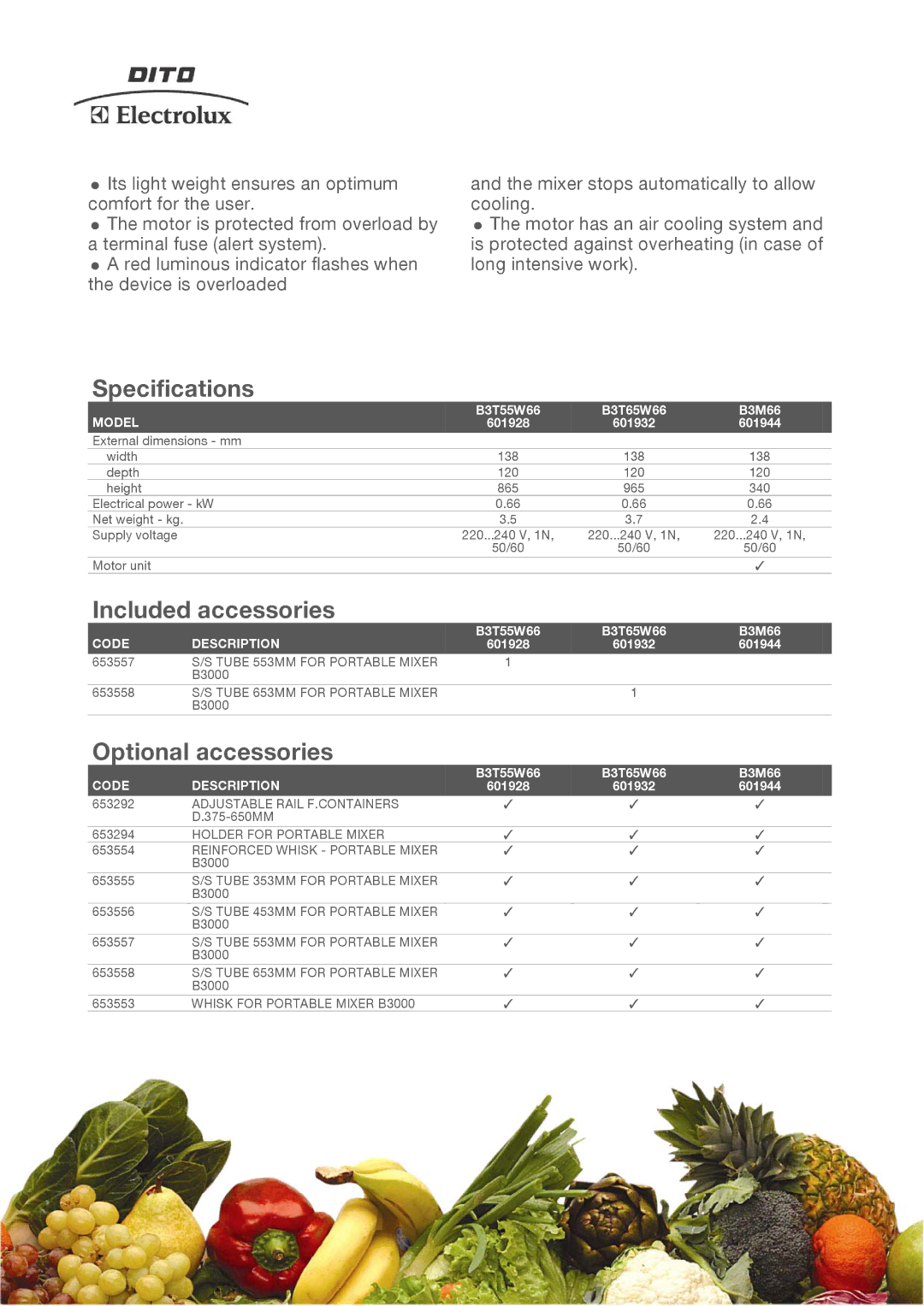 Electrolux 601932, 601928, B3M66, 601944 manual Specifications, Included accessories, Optional accessories 