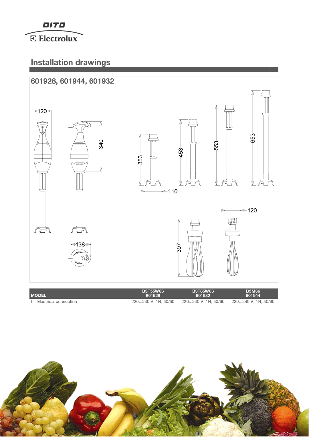 Electrolux B3M66, 601932 manual Installation drawings, 601928, 601944 