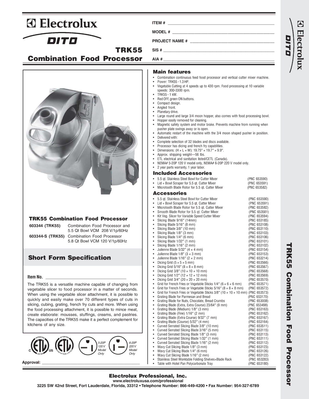 Electrolux 603344-S dimensions Main features, Included Accessories, TRK55 Combination Food Processor 