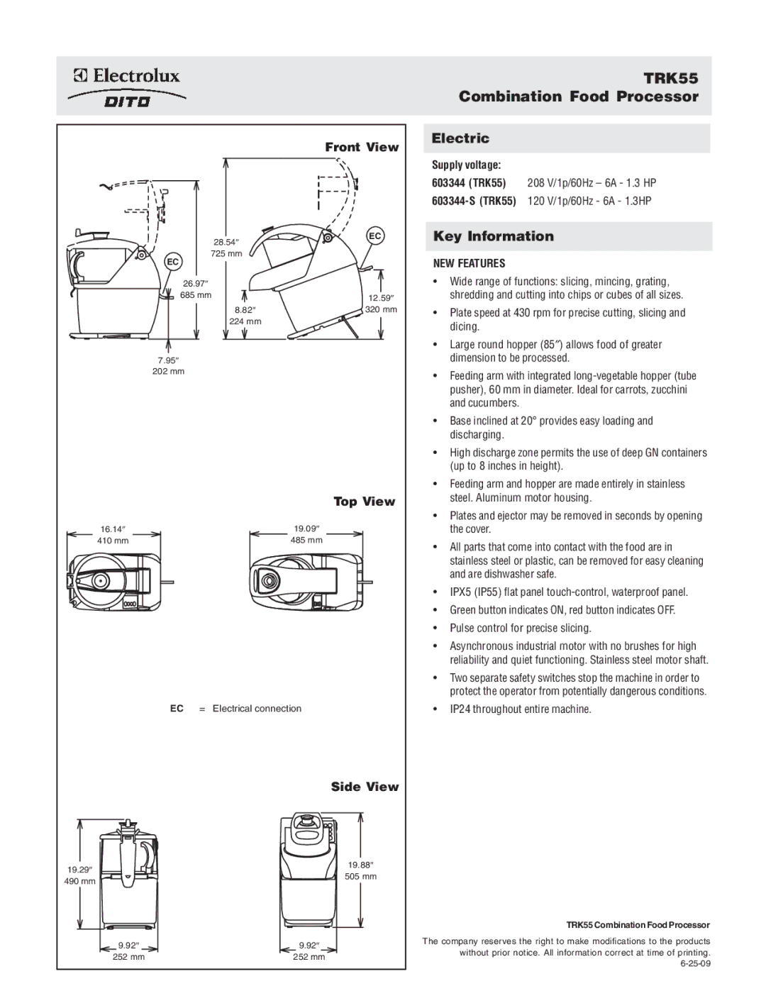 Electrolux 603344-S dimensions Front View, Top View, Side View 