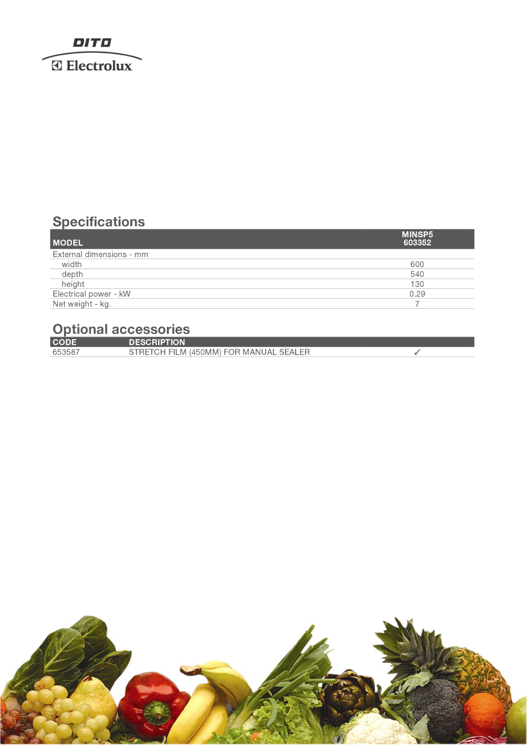 Electrolux 603352 manual Specifications, Optional accessories, MINSP5, Model, Code Description 