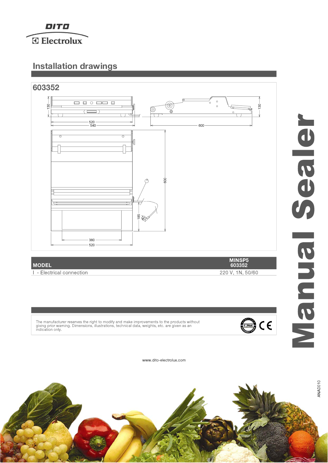 Electrolux MINSP5 manual Sealer, Installation drawings, 603352, Electrical connection 220 V, 1N, 50/60 