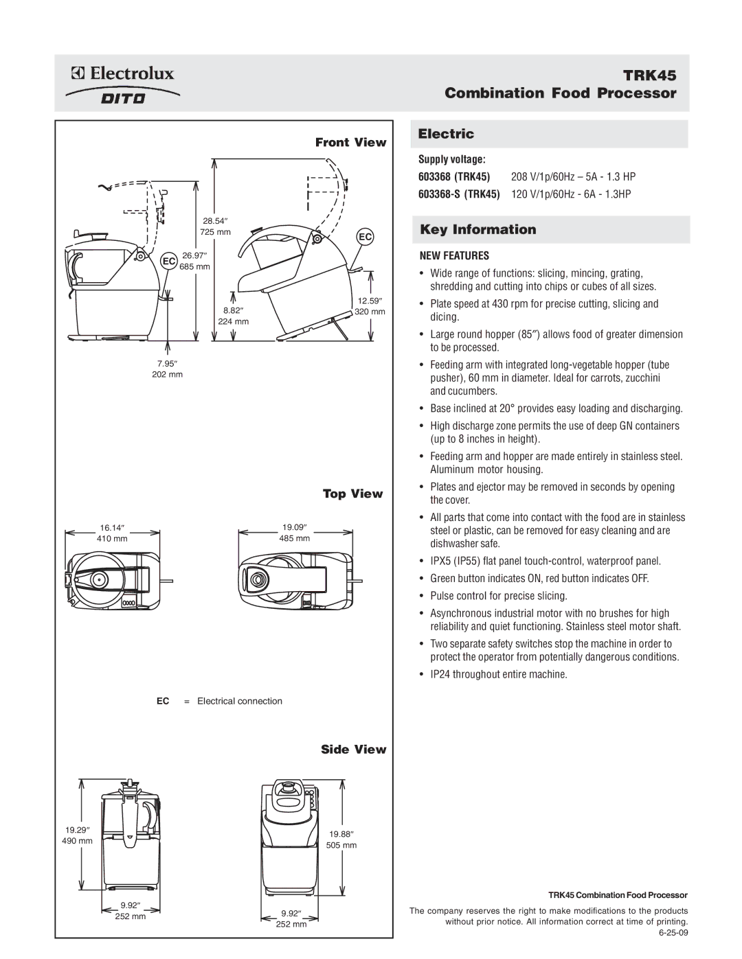 Electrolux 603368-S dimensions Front View, Top View, Side View 