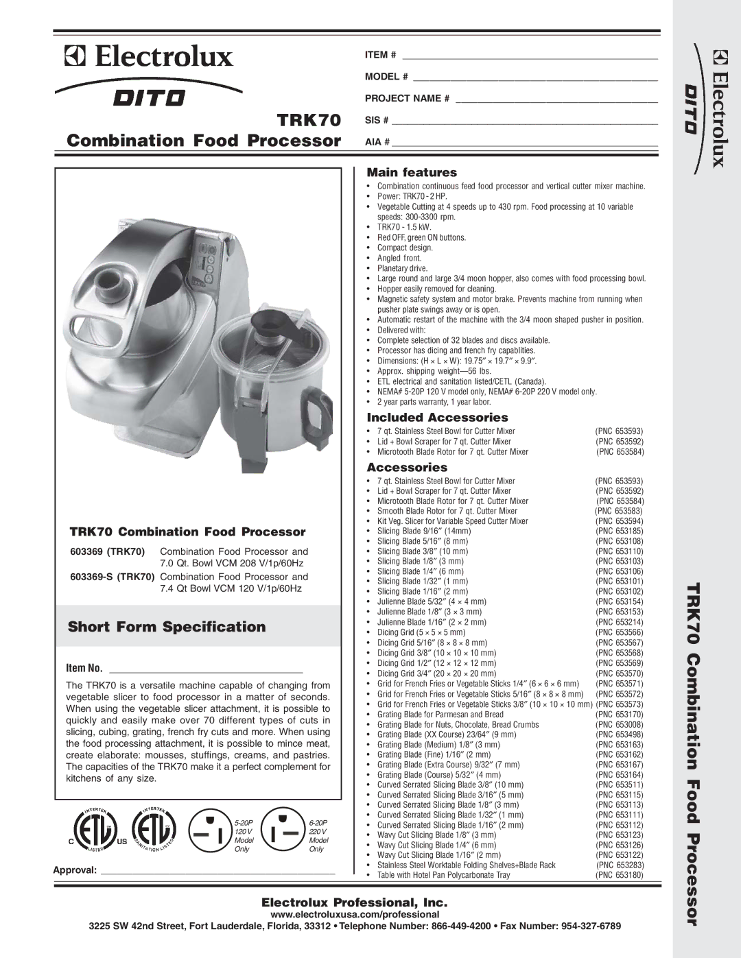 Electrolux 603369-S dimensions Main features, Included Accessories, TRK70 Combination Food Processor 