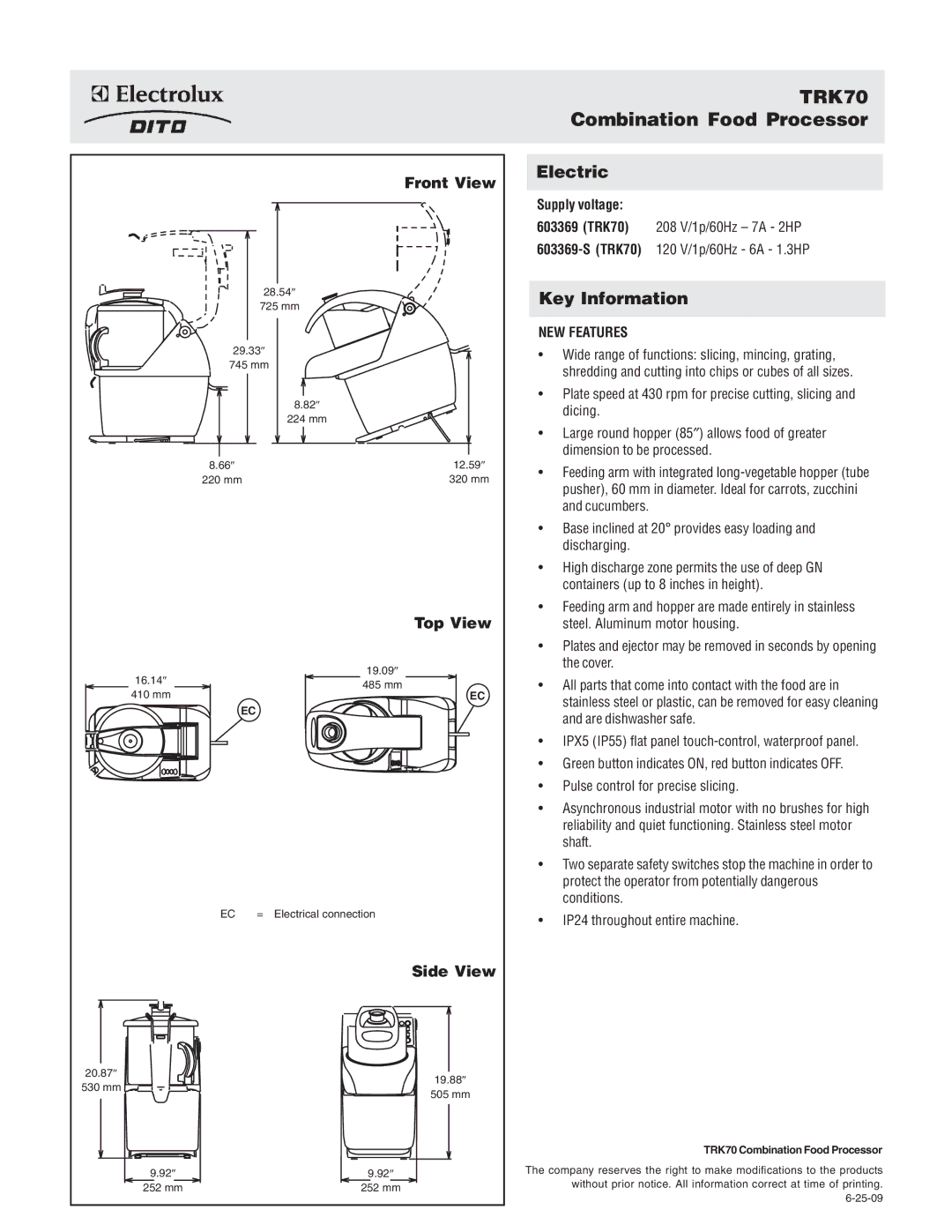 Electrolux 603369-S dimensions Front View, Top View, Side View 