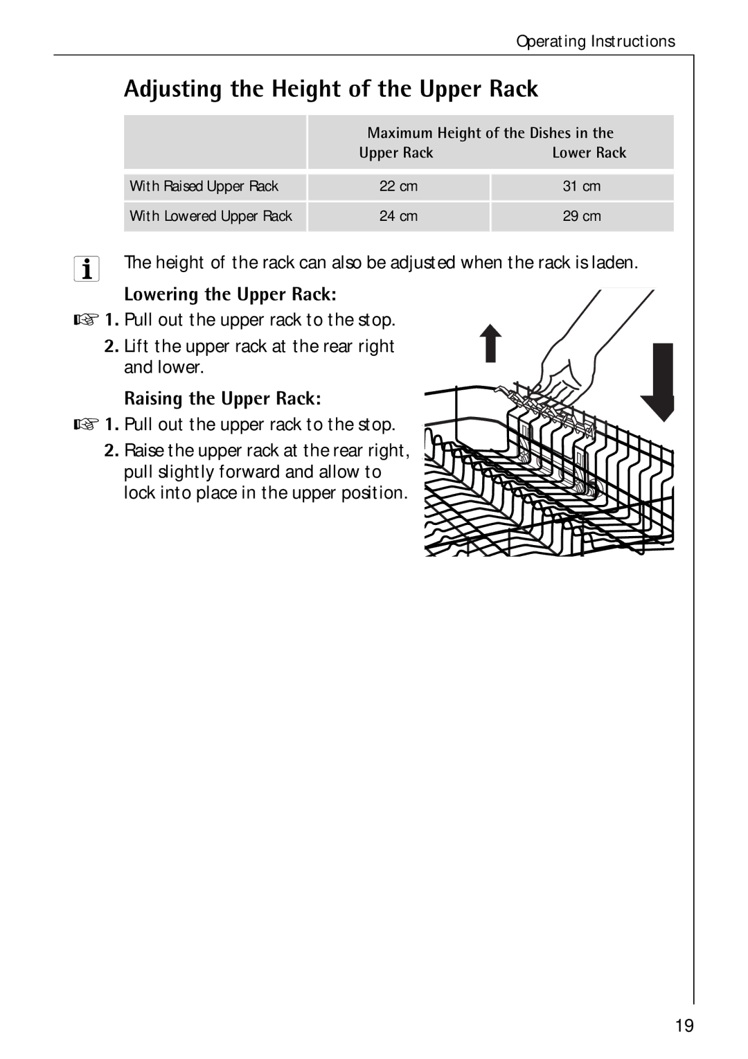 Electrolux 60750 VI manual Adjusting the Height of the Upper Rack, Lowering the Upper Rack, Raising the Upper Rack 
