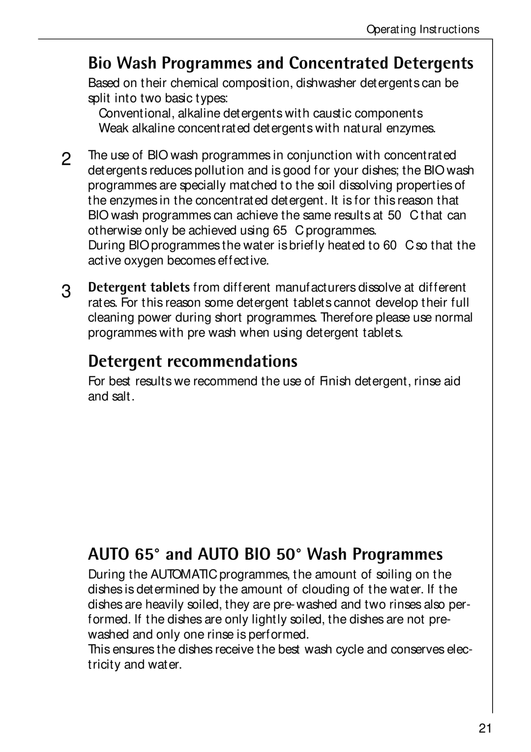 Electrolux 60750 VI manual Bio Wash Programmes and Concentrated Detergents, Detergent recommendations 