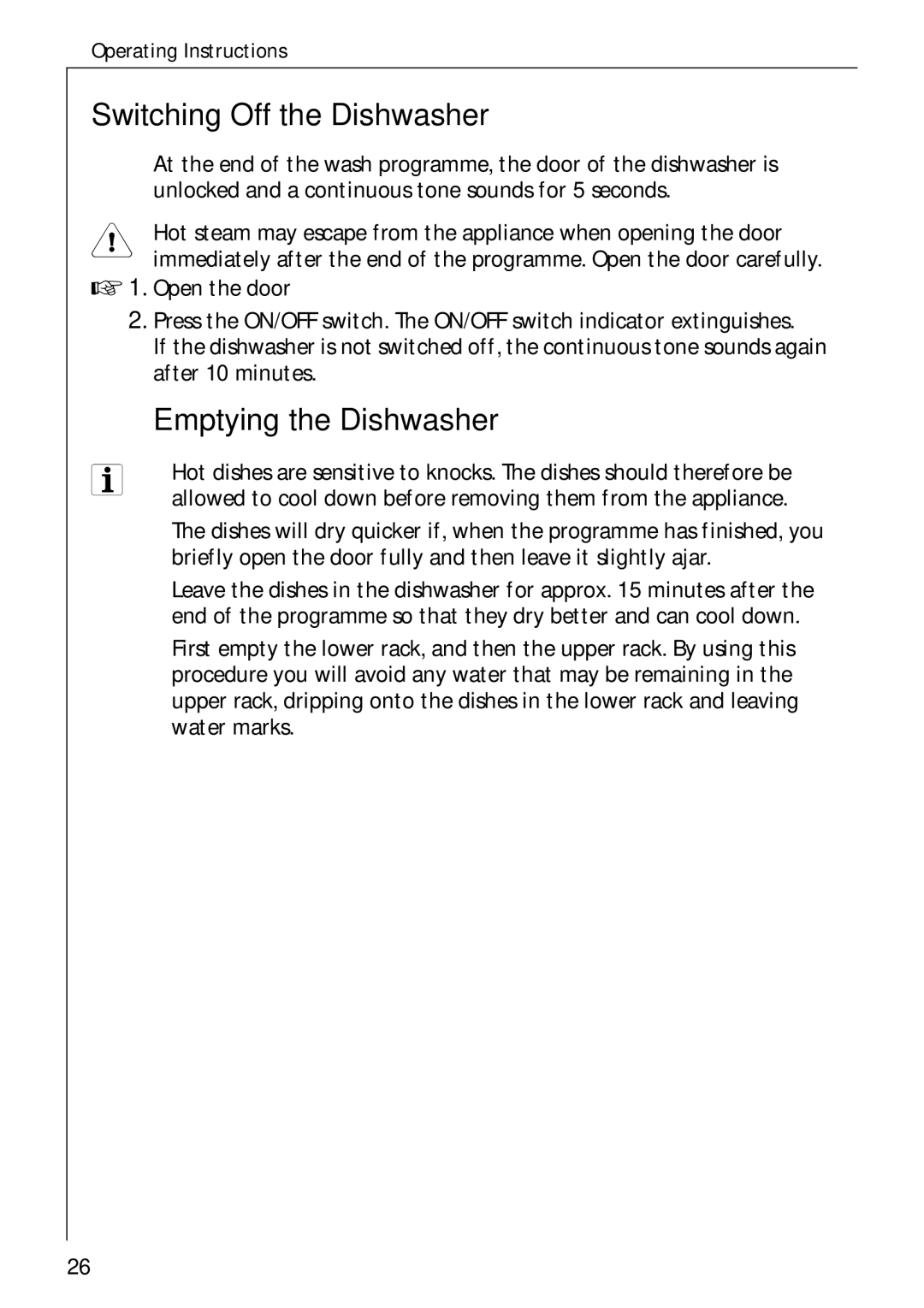 Electrolux 60750 VI manual Switching Off the Dishwasher, Emptying the Dishwasher 