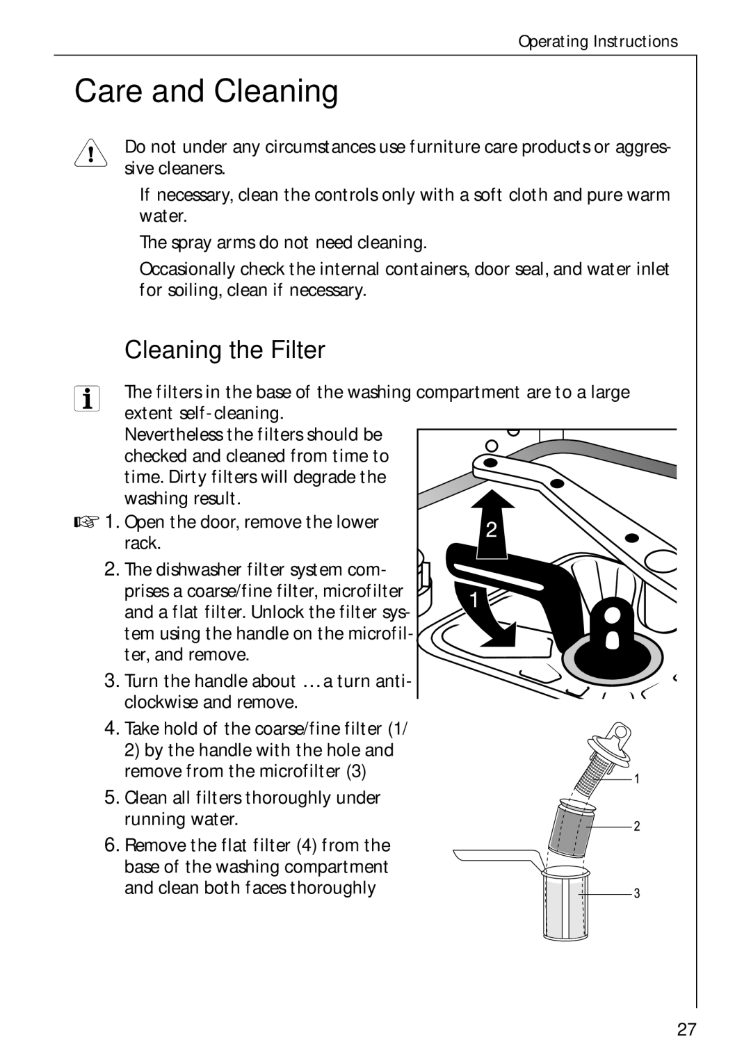 Electrolux 60750 VI manual Care and Cleaning, Cleaning the Filter 
